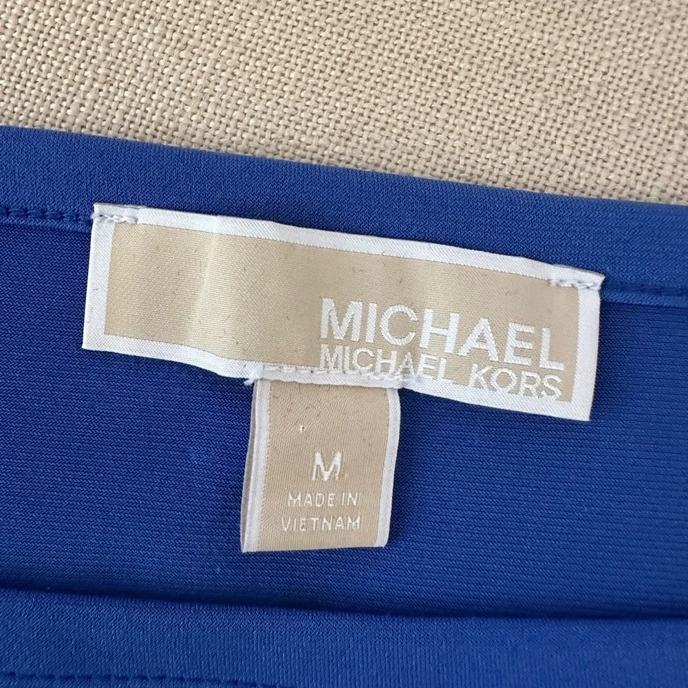 Michael Kors Royal Blue Cold Shoulder Blouse with Gold Shoulder Chain Accents